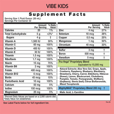 Eniva VIBE Kids, 32 oz, concentrated liquid multivitamin liquid. Great-tasting fruity natural flavor, antioxidants, minerals, vitamins, whole food supplement, Full Spectrum Nutrition, Supplement Facts, Nutrition Facts Product ID 17015