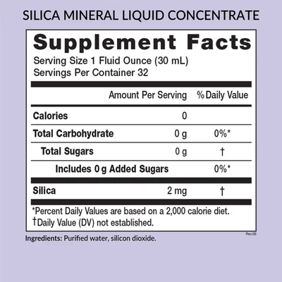 Eniva Minerals for Life Silica Liquid Concentrate, 32 oz, Cell-Ready mineral,  back panel label, supplement facts, nutritional facts, ingredient facts, Product ID 8206