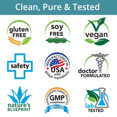 Gluten Free, Soy Free, Vegan, Safety, Manufactured in USA with Global Ingredients, Doctor Formulated, Nature's Blueprint, GMP, Lab Tested