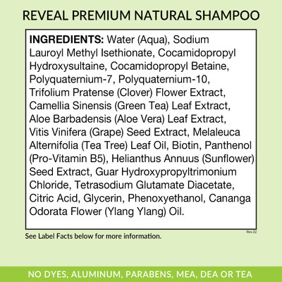 Eniva Reveal Premium Natural Shampoo, 12 oz, ingredients, back label panel,  Product ID 55009