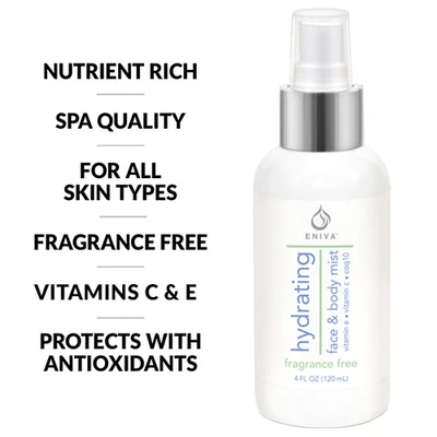 Eniva Nourishing Face & Body Spray, 4 oz, for all skin types of normal, combination, oily, purifying freshener, tones, softens, conditions skin, hydrates, promotes cell health, visible improvement in skin softness, improve fine lines and wrinkles, youthful glow, protect with antioxidants against elasticity diminishing free radicals, proprietary humectants moisture retention, refresh and soothe skin, fine mist Vitamin E, stimulate collagen, elastin renewal,* Product ID 5220