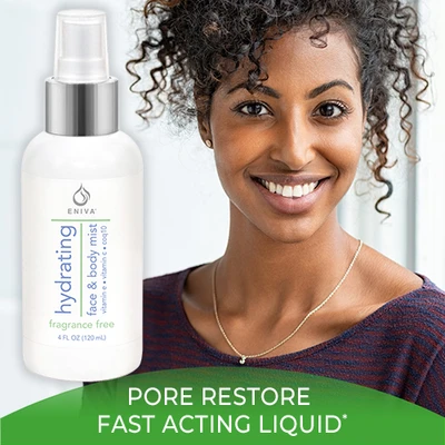 Eniva Premium Face & Body Spray, Pore Restore, Woman Smiling, Ultra-Fine Mist Glow Everyday