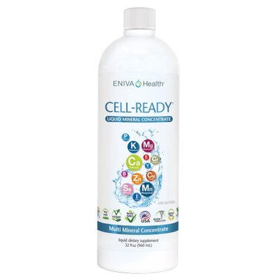 Eniva Cell-Ready UNFLAVORED, liquid minerals supplement 32 oz, multi minerals, liquid dietary supplement, natural daily multi, all natural, physiologic balance of minerals, Solutomic¬Æ technology, advanced aqueous mineral nutrition, nutritional balance, mineral ions, ionic minerals, sparkling clear solution, quicker and faster absorption than tablets or capsules, quick dissolve in digestive system, bioavailable nutrients, Solutomic, submicron mineral ions, enhanced absorption, Aqueous Stabilization, Product ID 17000