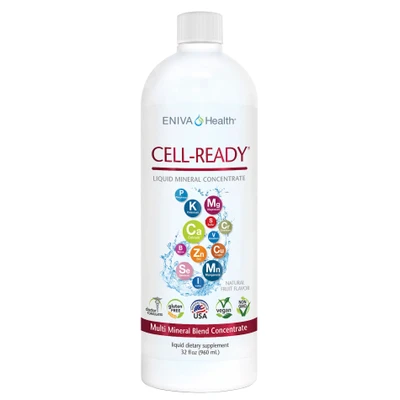 Eniva Cell-Ready Natural FLAVOR, fruit natural flavor, liquid minerals supplement 32 oz, multi minerals, liquid dietary supplement, natural daily multi, all natural, physiologic balance of minerals, Solutomic technology, advanced aqueous mineral nutrition, nutritional balance, mineral ions, ionic minerals, sparkling clear solution, quicker and faster absorption than tablets or capsules, quick dissolve in digestive system, bioavailable nutrients, Solutomic, submicron mineral ions, enhanced absorption, Aqueous Stabilization, Product ID 17005