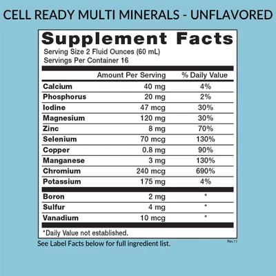Eniva Cell-Ready UNFLAVORED Multi Minerals, 32 oz, best liquid minerals, liquid dietary supplement, back panel label, Supplement Facts, Nutritional Facts, Ingredient Facts, Product ID 17000