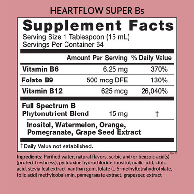 Eniva Heartflow Super Bs, 32 oz, liquid b-complex of nutrients, back panel label, Supplement Facts, Nutrition Facts, Ingredient Facts, Product ID 11010