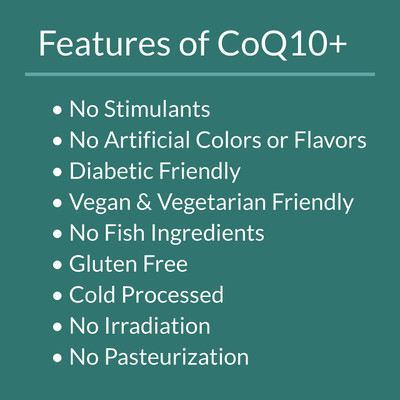 Features of CoQ10+, No Stimulants, Diabetic Friendly, Vegan & Vegetarian Friendly, No Fish Ingredients, Gluten Free, No Irradiation‚ No Pasteurization