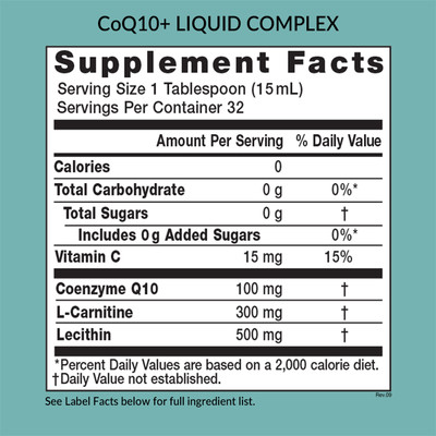 Eniva CoQ10 Plus, 16 oz, liquid dietary CoQ10 back panel label, Supplement Facts, Nutrition Facts, Ingredient Facts, Product ID 11004