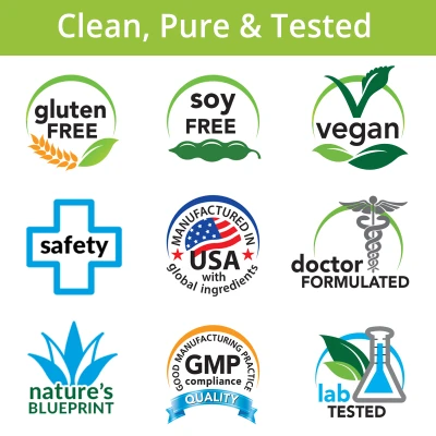 Gluten Free, Soy Free, Vegan, Safety, Manufactured in USA with Global Ingredients, Doctor Formulated, Nature's Blueprint, GMP, Lab Tested
