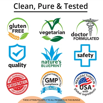Gluten Free, Vegetarian, Doctor Formulated, Quality, Nature's Blueprint, Safety, Satisfaction Guarantee, GMP, Manufactured in USA with Global Ingredients