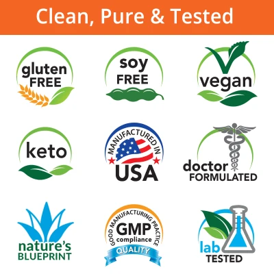 Gluten Free, Soy Free, Vegan, Keto, Made in USA, Doctor Formulated, Nature's Blueprint, GMP, Lab Tested