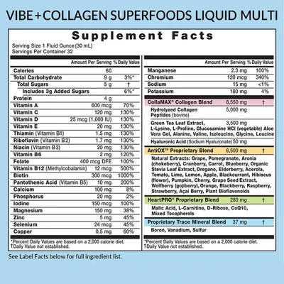 Supplement Facts , VIBE + Collagen Liquid Daily Multi, Superfoods, Collagen, Ingredients Panel