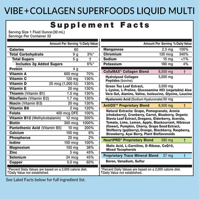 Supplement Facts , VIBE + Collagen Liquid Daily Multi, Superfoods, Collagen, Ingredients Panel