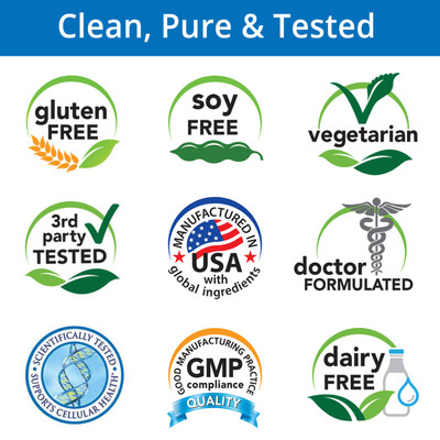 Gluten Free, Soy Free, Vegetarian, 3rd Party Tested, Manufactured in USA with Global Ingredients, Doctor Formulated, Supports Cellular Health, GMP, Dairy Free