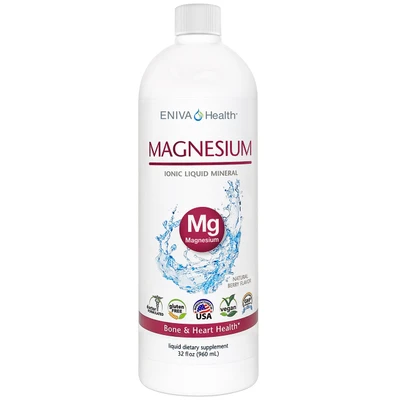 Eniva Minerals for Life Magnesium Liquid Concentrate, 32 oz, Cell-Ready mineral, essential nutrient, over 300 enzymatic reactions, nervous system, neuromuscular transmission, bone support, bone strength, cellular energy, adenosine triphosphate, biologic energy, bone health, calcium balance in blood vessels, airway health, muscle health, normal involuntary body movements, proper growth, happy mood, eating habits, cardiovascular electrical impulses, heart support, Monthly feminine health, PMS, healthy weight, Product ID 8209