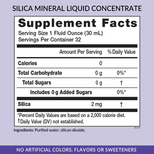 Eniva Minerals for Life Silica Liquid Concentrate, 32 oz, Cell-Ready mineral,  back panel label, supplement facts, nutritional facts, ingredient facts, Product ID 8206 Eniva Minerals for Life Silica Liquid Concentrate, 32 oz, Cell-Ready mineral,  back panel label, supplement facts, nutritional facts, ingredient facts, Product ID 8206