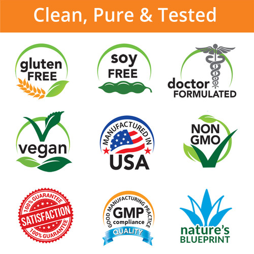Clean, Pure & Tested, Gluten Free, Soy Free, Doctor Formulated, Vegan, Manufactured in USA, Non-GMO, Satisfaction Guarantee, GMP Compliance, Nature's Blueprint Clean, Pure & Tested, Gluten Free, Soy Free, Doctor Formulated, Vegan, Manufactured in USA, Non-GMO, Satisfaction Guarantee, GMP Compliance, Nature's Blueprint