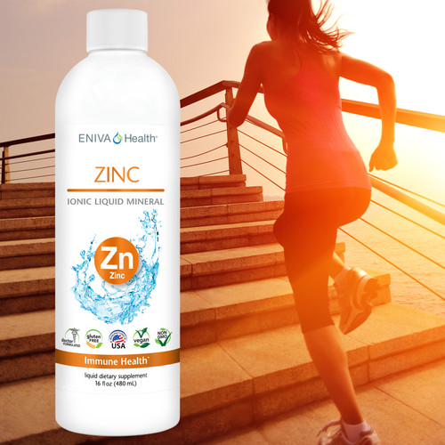 Eniva Minerals for Life Zinc Liquid Concentrate, 16 oz, liquid zinc supplement / Lifestyle photo of  Liquid Zinc, Immune health, vision health, skin and beauty health, brain and memory health. Topical wound application and general wellbeing.