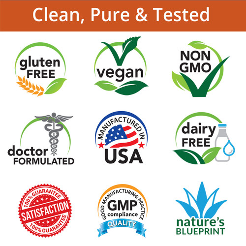 Clean, Pure & Tested, Gluten Free, Vegan, Non-GMO, Doctor Formulated, Manufactured in USA, Dairy Free, Satisfaction Guarantee, GMP Compliance, Nature's Blueprint Clean, Pure & Tested, Gluten Free, Vegan, Non-GMO, Doctor Formulated, Manufactured in USA, Dairy Free, Satisfaction Guarantee, GMP Compliance, Nature's Blueprint