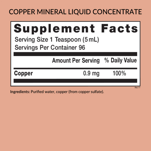 Eniva Copper Minerals for Life Concentrate, 16 oz, liquid dietary supplement, back panel label, Supplement Facts, Nutritional Facts, Ingredient Facts, Product ID 8008