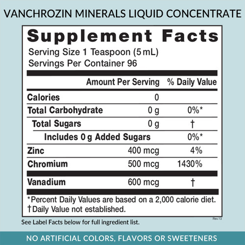 Eniva Minerals for Life VanChroZin, 16 oz, liquid concentrate chromium, back panel label, Supplement Facts, Nutritional Facts, Product ID 8006