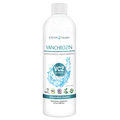 Eniva Liquid Minerals for Life VanChroZin, 16 oz, liquid concentrate, dietary supplement, Cell-Ready minerals, VANADIUM, CHROMIUM, ZINC, proprietary nutrient delivery system, healthy blood glucose levels, weight management, normal fertility, healthy and normal growth, healthy sugar levels in body, diabetes nutrient support, hypoglycemia support, dietary support with insulin use, solutomic, advanced aqueous delivery system, ionic minerals, Product ID #8006