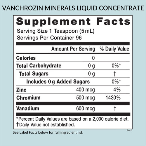 Eniva Minerals for Life VanChroZin, 16 oz, liquid concentrate chromium, back panel label, Supplement Facts, Nutritional Facts, Product ID 8006