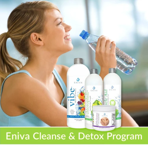 Eniva Health detox and cleanse 7 day, woman drinking water with cleanse products