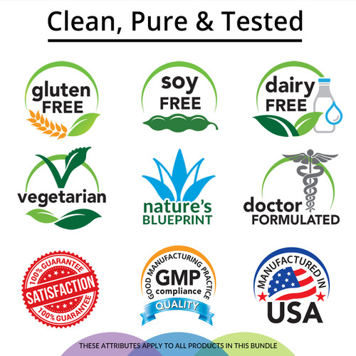 Clean, Pure & Tested, Gluten Free, Soy Free, Dairy Free, Vegetarian, Nature's Blueprint, Doctor Formulated, Satisfaction Guarantee, GMP Compliance, Manufactured in USA