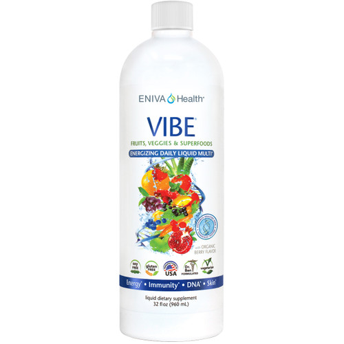 Liquid Daily Multi, Natural Liquid Vitamin, VIBE concentrated liquid daily multivitamins, antioxidants, mineral, vitamins, amino acids, whole food supplement, Full Spectrum nutrition, DNA support, nature based nutraceutical, fast acting, bio-ready liquid design, full spectrum formula, specialized phytonutrients, lasting vibrant health, Cellular Defense Formula, aloe vera extracts, decaffeinated green tea EGCG catechin complex, increased magnesium, enhanced AntiOX Fruit and Vegetable Blend, increased Niacin (Vitamin B3), increased Natural Vitamin D, enhanced Green Tea Combination heart health, high-potency antioxidants, decaffeinated EGCG green tea complex, cellular defense formula, research studies supported, heart-healthy, D-Ribose, CoQ10, L-Carnitine, Malic Acid, Isolated Soly Lecithin, Mixed Tocopherols (family of Vitamin E compounds), 32 oz Liquid Multivitamin