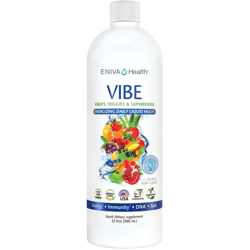 Liquid Daily Multi, Natural Liquid Vitamin, VIBE concentrated liquid daily multivitamins, antioxidants, mineral, vitamins, amino acids, whole food supplement, Full Spectrum nutrition, DNA support, nature based nutraceutical, fast acting, bio-ready liquid design, full spectrum formula, specialized phytonutrients, lasting vibrant health, Cellular Defense Formula, aloe vera extracts, decaffeinated green tea EGCG catechin complex, increased magnesium, enhanced AntiOX Fruit and Vegetable Blend, increased Niacin (Vitamin B3), increased Natural Vitamin D, enhanced Green Tea Combination heart health, high-potency antioxidants, decaffeinated EGCG green tea complex, cellular defense formula, research studies supported, heart-healthy, D-Ribose, CoQ10, L-Carnitine, Malic Acid, Isolated Soly Lecithin, Mixed Tocopherols (family of Vitamin E compounds), 32 oz Liquid Multivitamin
