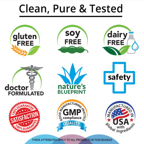 Clean, Pure & Tested, Gluten Free, Soy Free, Dairy Free, Vegetarian, Nature's Blueprint, Doctor Formulated, Satisfaction Guarantee, GMP Compliance