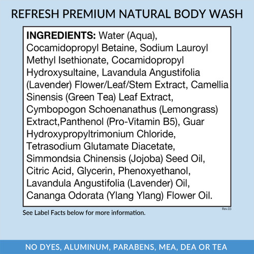 REFRESH Premium Natural Body Wash,12 oz, ingredients, back label panel