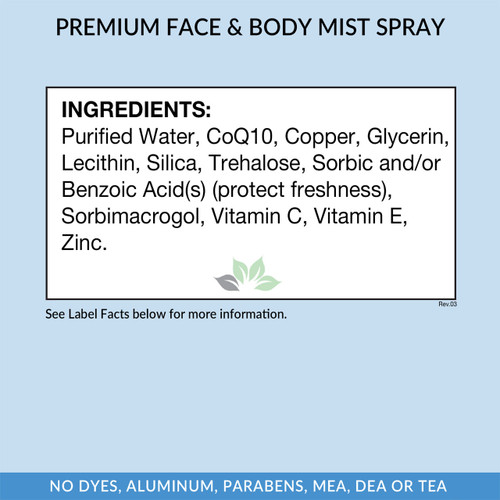 Eniva Nourishing Face & Body Spray, 4 oz, back panel, ingredients, Product ID 5220