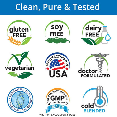 Clean, Pure & Tested, Gluten Free, Soy Free, Dairy Free, Vegetarian, Manufactured in USA, Doctor Formulated, Scientifically Tested, GMP Compliance, Cold Blended