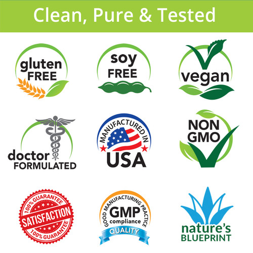 Clean, Pure & Tested, Gluten Free, Soy Free, Vegan, Doctor Formulated, Manufactured in USA, Non-GMO, Satisfaction Guarantee, GMP Compliance, Nature's Blueprint
