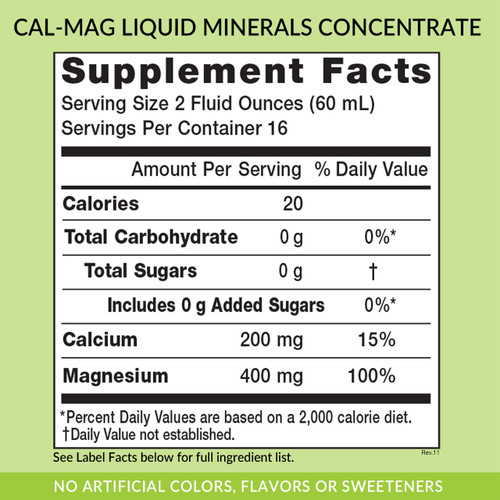 Eniva Cal-Mag Minerals, 32 oz, best liquid vitamins, liquid dietary supplement, back panel label, Supplement Facts, Nutritional Facts, Ingredient Facts, Product ID 8208A
