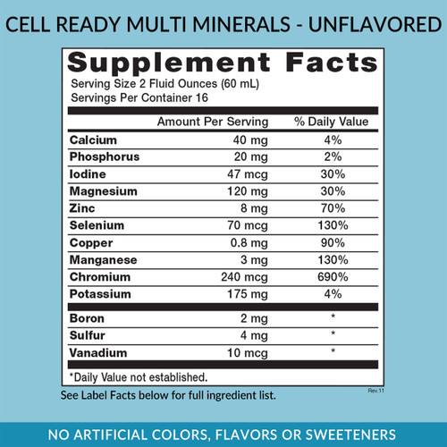 Eniva Cell-Ready UNFLAVORED Multi Minerals, 32 oz, best liquid minerals, liquid dietary supplement, back panel label, Supplement Facts, Nutritional Facts, Ingredient Facts, Product ID 17000
