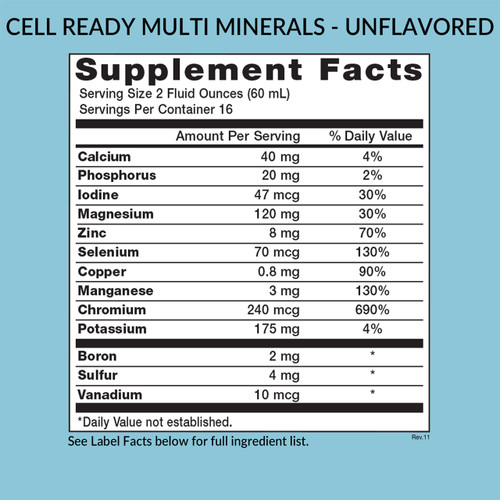 Eniva Cell-Ready UNFLAVORED Multi Minerals, 32 oz, best liquid minerals, liquid dietary supplement, back panel label, Supplement Facts, Nutritional Facts, Ingredient Facts, Product ID 17000