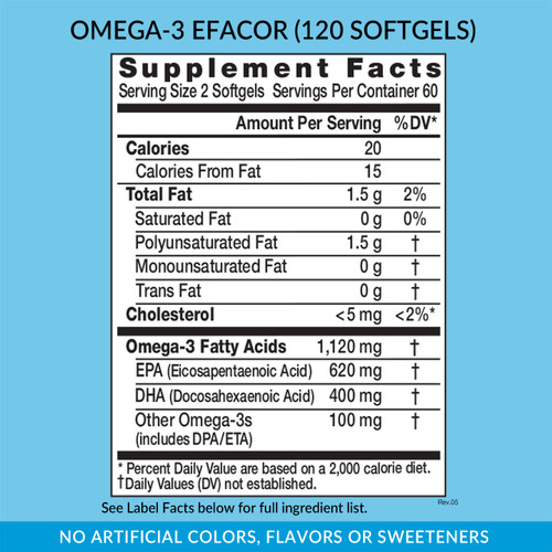 Omega 3 EPA/DHA Efacor, 120 softgels, supplement facts, supplement label, directions for use, ingredients, fish oil with no "fishy taste." Light citrus taste, whole body health, heart & brain health, High Potency Efacor, UltraPure, Meets the FDA Formulary Requirement for Making The Health Claim This Product May Reduce The Risk Of Cardiovascular Disease*, Premium Quality -  Heavy Metal Testing, Potency Verified and Sourced From Small Ocean Fish of Mackerel, Sardine & Anchovy, softgels, essential fatty acid, Eniva Product ID 13511