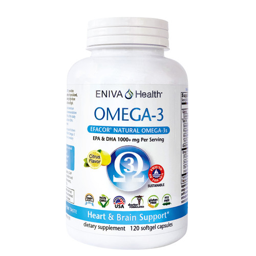 Omega 3 EPA/DHA Efacor, 120 softgels, fish oil with no "fishy taste." Light citrus taste, whole body health, heart & brain health, High Potency Efacor, UltraPure, Meets the FDA Formulary Requirement for Making The Health Claim This Product May Reduce The Risk Of Cardiovascular Disease*, Premium Quality -  Heavy Metal Testing, Potency Verified and Sourced From Small Ocean Fish of Mackerel, Sardine & Anchovy, softgels, essential fatty acid, Eniva Product ID 13511