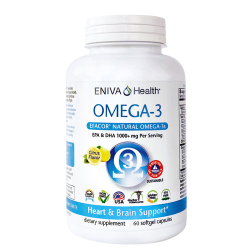 Omega 3 EPA/DHA Efacor, 60 softgels, fish oil with no "fishy taste." Light citrus taste, whole body health, heart & brain health, High Potency Efacor, UltraPure, Meets the FDA Formulary Requirement for Making The Health Claim This Product May Reduce The Risk Of Cardiovascular Disease*, Premium Quality -  Heavy Metal Testing, Potency Verified and Sourced From Small Ocean Fish of Mackerel, Sardine & Anchovy, softgels, essential fatty acid, Eniva Product ID 13505