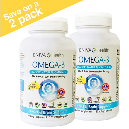Eniva Health Omega-3 EFACOR natural fish oil, two 120-softgel bottles, EPA and DHA 1000+ mg per serving, citrus flavor, heart and brain support