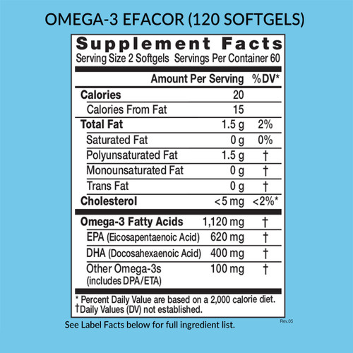 Omega 3 EPA/DHA Efacor, 120 softgels, supplement facts, supplement label, directions for use, ingredients, fish oil with no "fishy taste." Light citrus taste, whole body health, heart & brain health, High Potency Efacor, UltraPure, Meets the FDA Formulary Requirement for Making The Health Claim This Product May Reduce The Risk Of Cardiovascular Disease*, Premium Quality -  Heavy Metal Testing, Potency Verified and Sourced From Small Ocean Fish of Mackerel, Sardine & Anchovy, softgels, essential fatty acid, Eniva Product ID 13511