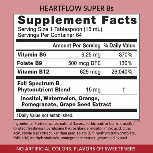 Eniva Heartflow Super Bs, 32 oz, liquid b-complex of nutrients, back panel label, Supplement Facts, Nutrition Facts, Ingredient Facts, Product ID 11010