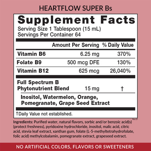 Eniva Heartflow Super Bs, 32 oz, liquid b-complex of nutrients, back panel label, Supplement Facts, Nutrition Facts, Ingredient Facts, Product ID 11010