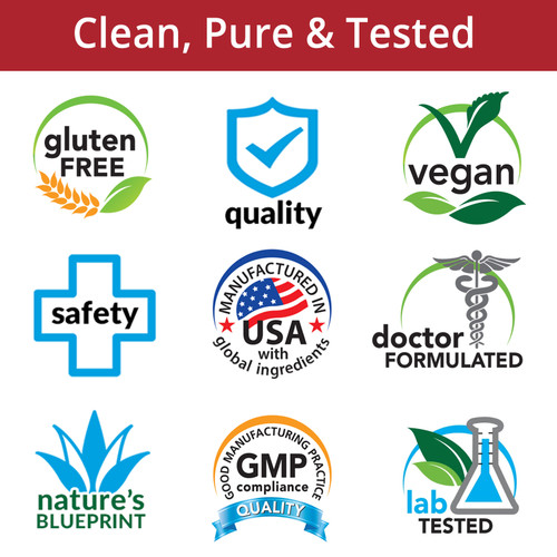 Gluten Free, Quality, Vegan, Safety, Made in USA with Global Ingredients, Doctor Formulated, Nature's Blueprint, GMP, Lab Tested