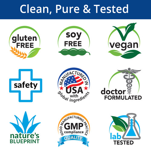 Gluten Free, Soy Free, Vegan, Safety, Manufactured in USA with Global Ingredients, Doctor Formulated, Nature's Blueprint, GMP, Lab Tested
