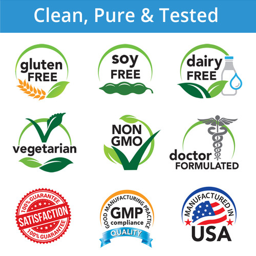 Clean, Pure & Tested, Gluten Free, Soy Free, Dairy Free, Vegetarian, Non-GMO, Doctor Formulated, Satisfaction Guarantee, GMP Compliance, Manufactured in USA
