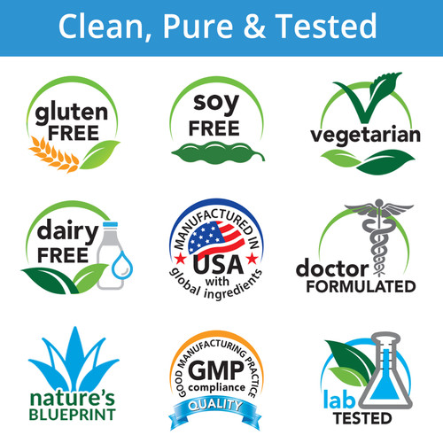 Gluten Free, Soy Free, Vegetarian, Dairy Free, Manufactured in USA with Global Ingredients, Doctor Formulated, Nature's Blueprint, GMP, Lab Tested